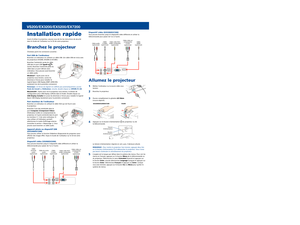 Page 3Installation rapide
Avant d’utiliser le projecteur, assurez-vous de lire les instructions de sécurité 
dans le Guide de l’utilisateur sur le CD de votre projecteur.
Branchez le projecteur
Choisissez parmi les connexions suivantes :
Port USB de l’ordinateur
Branchez un ordinateur en utilisant un câble USB. (Un câble USB est inclus avec 
les projecteurs EX3200, EX5200 et EX7200.)
Branchez l’extrémité carrée du câble  
USB dans le port USB TypeB  
(carré). Branchez l’extrémité plate du 
câble dans un port...