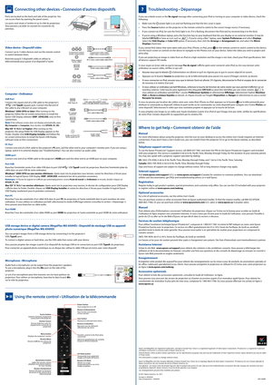 Page 2
Connecting other devices • Connexion d�autres dispositifs
Using the remote control • Utilisation de la télécommande
Ports are located on the back and side of the projector. You 
can access them by opening the panel covers.
Les ports sont situés à l’arrière et sur le côté du projecteur. 
Vous pouvez y accéder en ouvrant les couvercles du 
panneau.
USB Port
Connect the square end of a USB cable to the projector’s
USB TypeB (square) port. Connect the ��at end of 
the cable to any USB port on your...