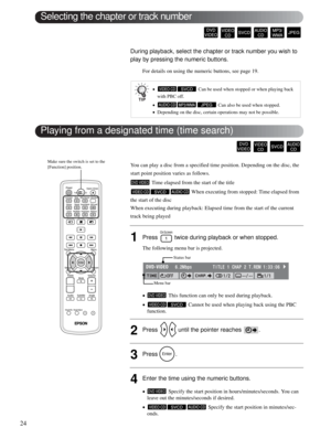 Page 2424
During playback, select the chapter or track number you wish to 
play by pressing the numeric buttons.
For details on using the numeric buttons, see page 19.
You can play a disc from a specified time position. Depending on the disc, the 
start point position varies as follows.
 Time elapsed from the start of the title
 When executing from stopped: Time elapsed from 
the start of the disc
When executing during playback: Elapsed time from the start of the current 
track being played
1Press   twice...