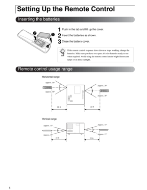 Page 88
1 Push in the tab and lift up the cover.
2 Insert the batteries as shown.
3 Close the battery cover.
Setting Up the Remote Control
If the remote control response slows down or stops working, change the 
batteries. Make sure you have two spare AA-size batteries ready to use 
when required. Avoid using the remote control under bright fluorescent 
lamps or in direct sunlight.
Inserting the batteries
Remote control usage range
22 ft
Approx. 30°
Approx. 30°
Approx. 30°
Approx. 30°
Approx. 15°
Approx. 15°...