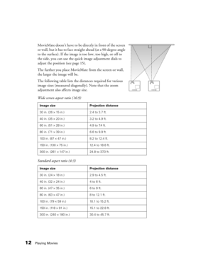 Page 1212Playing Movies
MovieMate doesn’t have to be directly in front of the screen 
or wall, but it has to face straight ahead (at a 90-degree angle 
to the surface). If the image is too low, too high, or off to 
the side, you can use the quick image adjustment dials to 
adjust the position (see page 15).  
The further you place MovieMate from the screen or wall, 
the larger the image will be. 
The following table lists the distances required for various 
image sizes (measured diagonally). Note that the zoom...