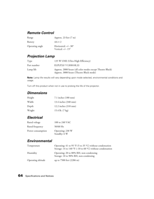 Page 6464Specifications and Notices
Remote Control
Range Approx. 23 feet (7 m)
Battery AA×2
Operating angle Horizontal: +/– 30°
Vertical: +/– 15°
Projection Lamp 
Type 135 W UHE (Ultra High Efficiency)
Part number ELPLP33/ V13H010L33
Lamp life Approx. 2000 hours (all color modes except Theatre Black)
Approx. 3000 hours (Theatre Black mode)
Note: Lamp life results will vary depending upon mode selected, environmental conditions and 
usage. 
Turn off this product when not in use to prolong the life of the...