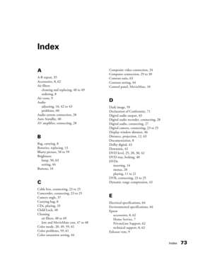 Page 73Index73
Index
A
A-B repeat, 35
Accessories, 8, 62
Air filters
cleaning and replacing, 48 to 49
ordering, 8
Air vents, 9
Audio
adjusting, 16, 42 to 43
problems, 60
Audio system connection, 28
Auto Standby, 40
AV amplifier, connecting, 28
B
Bag, carrying, 8
Batteries, replacing, 13
Blurry picture, 58 to 59
Brightness
lamp, 50, 63
setting, 44
Buttons, 10
C
Cable box, connecting, 23 to 25
Camcorder, connecting, 23 to 25
Camera angle, 37
Carrying bag, 8
CDs, playing, 33
Child Lock, 40
Cleaning
air filters, 48...