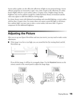 Page 15Playing Movies15
Screen surface quality can also affect the reflectivity of light in your projected image. Screen 
reflective properties are measured as “gain” rates, with 1.0 gain as the reflectivity of a white 
board. Highly reflective screen surfaces (above 1.0 gain) create a brighter image, but the 
brightness may not be uniform enough for a dedicated home theater environment and the 
colors may appear to shift from different viewing angles. 
In a home theater room with darkened surroundings and...