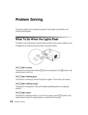 Page 6262Problem Solving
Problem Solving
This section explains how to interpret the projector’s status lights, solve problems, and 
contact technical support.
What To Do When the Lights Flash
The lights on top of the projector indicate its status and let you know when a problem occurs.
If all lights are off, make sure the power cable is connected correctly.
The   light is orange.
The projector is in sleep mode. Press the   button on the projector or the   button on the 
remote control to turn it on.
The  light...