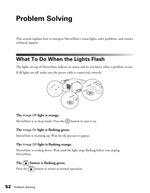 Page 5252Problem Solving
Problem Solving
This section explains how to interpret MovieMate’s status lights, solve problems, and contact 
technical support.
What To Do When the Lights Flash
The lights on top of MovieMate indicate its status and let you know when a problem occurs.
If all lights are off, make sure the power cable is connected correctly.
The Image Off light is orange.
MovieMate is in sleep mode. Press the   button to turn it on.
The Image On light is flashing green.
MovieMate is warming up. Wait for...