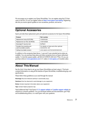 Page 7Welcome7
We encourage you to register your Epson MovieMate. You can register using the CD that 
came in the box. Or you can register online at http://www.epson.com/webreg. Registering 
also lets you receive special updates on new accessories, products, and service.
Optional Accessories
Epson provides these replacement parts and optional accessories for the Epson MovieMate: 
In addition to the accessories listed above, 1-year and 2-year extended service plans are 
available. You can purchase these plans...