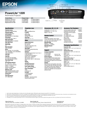 Page 4Specifications and terms are subject to change without notice. Epson, E-TORL and Instant Off are registered trademarks, Epson Exceed Your Vision is a registered logomark and Better 
Products for a Better Future is a trademark of Seiko Epson Corporation. PowerLite and PrivateLine a\
re registered trademarks, Duet is a trademark and Espon Connection is a service mar\
k 
of Epson America, Inc. All other product and brand names are trademarks and/or registered trademarks of their respective companies. Epson...