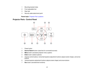 Page 17

1
 Mounting
bracketholes
 2
 Front
adjustable foot
 3
 Rear
feet
 4
 Security
cableattachment point
 Parent
topic:Projector PartLocations
 Projector
Parts-Control Panel
 1
 Power
button
 2
 Source
Searchbutton(searches forconnected sources)
 3
 Menu
button (accesses projectormenusystem)
 4
 Enter
button (selects options)
 5
 Volume
controlbuttons, horizontal keystoneadjustment buttons(adjustscreen shape), andarrow
 buttons

6
 Vertical
keystone adjustment buttons(adjustscreen shape) andarrow buttons...