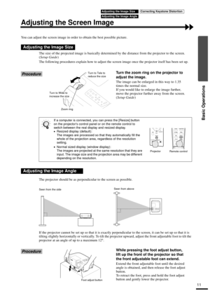 Page 1311
Basic Operations
Adjusting the Screen Image
You can adjust the screen image in order to obtain the best possible picture.
The size of the projected image is basically determined by the distance from the projector to the screen. 
(Setup Guide)
The following procedures explain how to adjust the screen image once the projector itself has been set up.
ProcedureTurn the zoom ring on the projector to 
adjust the image.
The image can be enlarged in this way to 1.35 
times the normal size.
If you would like...