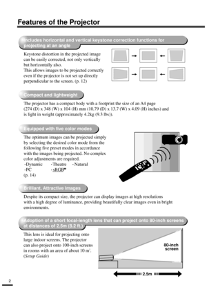 Page 42
Features of the Projector
Compact and lightweight
The projector has a compact body with a footprint the size of an A4 page 
(274 (D) x 348 (W) x 104 (H) mm (10.79 (D) x 13.7 (W) x 4.09 (H) inches) and 
is light in weight (approximately 4.2kg (9.3 lbs)).
Equipped with five color modes
The optimum images can be projected simply 
by selecting the desired color mode from the 
following five preset modes in accordance 
with the images being projected. No complex 
color adjustments are required.
  Dynamic...