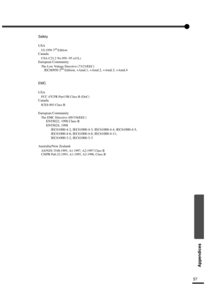 Page 5957
Appendices
Safety
USA
UL1950 3rd Edition
Canada
CSA C22.2 No.950 -95 (cUL)
European Community
The Low Voltage Directive (73/23/EEC)
IEC60950 2nd Edition, +Amd.1, +Amd.2, +Amd.3, +Amd.4
EMC
USA
FCC 47CFR Part15B Class B (DoC)
Canada
ICES-003 Class B
European Community
The EMC Directive (89/336/EEC)
EN55022, 1998 Class B
EN55024, 1998
IEC61000-4-2, IEC61000-4-3, IEC61000-4-4, IEC61000-4-5,
IEC61000-4-6, IEC61000-4-8, IEC61000-4-11,
IEC61000-3-2, IEC61000-3-3
Australia/New Zealand
AS/NZS 3548:1995,...