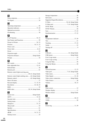 Page 68Index
66
Noise reduction.......................................................... 21
No-Signal................................................................... 24
Operating temperature ............................................... 56
Operation indicator .............................................. 37, 59
Optional accessories .................................................. 53
Overheating ............................................................... 38
P in P function...