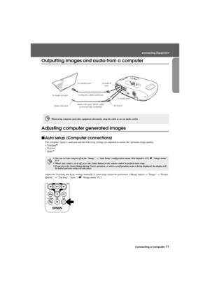 Page 13Connecting a Computer-11
Connecting Equipment
Before.fm7/22/03
Outputting images and audio from a computer
Adjusting computer generated images
fAuto setup (Computer connections)
The computer signal is analysed and the following settings are adjusted to ensure the optimum image quality.
 Tracking
g
 Position
Sync.
g
Adjust the Tracking and Sync settings manually if Auto setup cannot be performed. ([Menu] button → Image → Picture 
Quality → Tracking, Sync.) sImage menu P.13
Computer cable (optional) To...