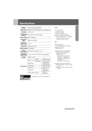 Page 31Specifications-29
Appendix.fm7/22/03
Specifications
Pixelworks ICs are used in this projector.
MODELHome Projector EMP-TW10Safety
USA (100-120VAC)
UL1950 3
rd Edition
Canada (100-120VAC)
CSA C22.2 No.950-95 (cUL)
European Community (200-240VAC)
The Low Voltage Directive (73/23/EEC)
IEC60950 2
nd Edition, +Amd.1, 
+Amd.2, +Amd.3, +Amd.4
EMC
USA (100-120VAC)
FCC 47CFR Part15B Class B (DoC)
Canada (100-120VAC)
ICES-003 Class B
European Community (200-240VAC)
The EMC Directive (89/336/EEC)
EN55022, 1998...