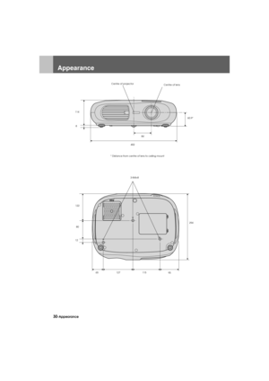 Page 3230-AppearanceAppendix.fm7/22/03
Appearance
60.9*
40284 8 114
* Distance from centre of lens to ceiling mountCentre of projector
Centre of lens
122
80
12294
65 127 115
95 3-M4×8
USERS_E.BOOK  Page 30  Tuesday, July 22, 2003  3:37 PM 