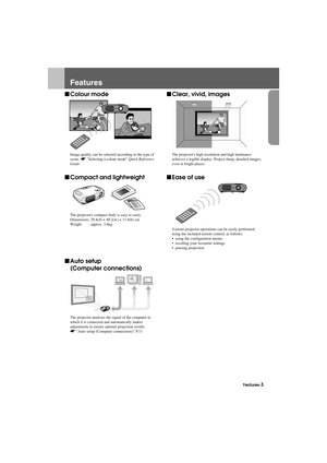 Page 5Features-3
Feature.fm7/22/03
Features
fColour mode
Image quality can be selected according to the type of 
scene. sSelecting a colour mode Quick Reference 
Guide
fCompact and lightweight
The projectors compact body is easy to carry.
Dimensions: 29.4(d) × 40.2(w) × 11.4(h) cm
Weight : approx. 3.6kg
fAuto setup 
(Computer connections)
The projector analyses the signal of the computer to 
which it is connected and automatically makes 
adjustments to ensure optimal projection results. 
sAuto setup (Computer...