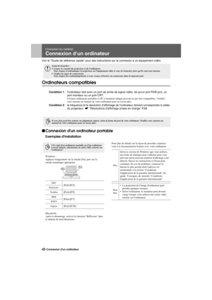 Page 4442-Connexion dun ordinateurBefore.fm7/22/03
Connexion du matériel
Connexion dun ordinateur
Voir le Guide de référence rapide pour des instructions sur la connexion à un équipement vidéo.
Ordinateurs compatibles
fConnexion dun ordinateur portable
Exemples dinstallation
Windows : 
Appuyez longuement sur la touche [Fn], puis sur la 
touche numérique appropriée.
Macintosh :
Après le démarrage, activez la fonction Réflexion dans 
le tableau de bord Moniteurs.Pour plus de détails sur la façon de procéder,...