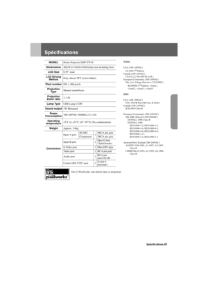 Page 63Spécifications-61
Appendix.fm7/22/03
Spécifications
Des CI Pixelworks sont utilisés dans ce projecteur.
MODELHome Projector EMP-TW10Safety
USA (100-120VAC)
UL1950 3
rd Edition
Canada (100-120VAC)
CSA C22.2 No.950-95 (cUL)
European Community (200-240VAC)
The Low Voltage Directive (73/23/EEC)
IEC60950 2
nd Edition, +Amd.1, 
+Amd.2, +Amd.3, +Amd.4
EMC
USA (100-120VAC)
FCC 47CFR Part15B Class B (DoC)
Canada (100-120VAC)
ICES-003 Class B
European Community (200-240VAC)
The EMC Directive (89/336/EEC)
EN55022,...