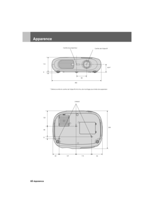 Page 6462-ApparenceAppendix.fm7/22/03
Apparence
60.9*
40284 8 114
* Distance entre le centre de lobjectif et le trou de montage pour bride de suspensionCentre du projecteur
Centre de lobjectif
122
80
12294
65 127 115
95 3-M4×8
USERS_F.BOOK  Page 62  Tuesday, July 22, 2003  4:09 PM 