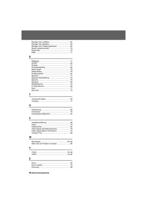 Page 9896-StichwortverzeichnisUsers_DEIX.fm7/22/03
Reinigen des Luftfilters  ......................................... 84
Reinigen des Objektivs  ......................................... 84
Reinigen des Projektorgehäuses .......................... 84
Reset Lampenstunden  .......................................... 79
Reset total  ............................................................. 79
RGB ...................................................................... 77
S
Sättigung...