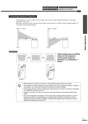 Page 1311
Basic Operations
If the projector is set up so that it is at an angle to the screen, a type of distortion known as keystone 
distortion may occur.
Keystone correction can be carried out if the angle of the projector is within a range of approximately 15° 
vertically from the perpendicular.
Procedure
Correcting Keystone Distortion
•
•• •When keystone correction is carried out, the projected image will become smaller.
•
•• •The keystone correction settings are memorized, so that if you change the...