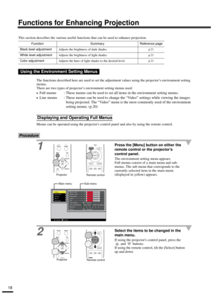 Page 2018
Functions for Enhancing Projection
This section describes the various useful functions that can be used to enhance projection.
The functions described here are used to set the adjustment values using the projector’s environment setting 
menus.
There are two types of projector’s environment setting menus used:
•
•• •Full menus : These menus can be used to set all items in the environment setting menus.
•
•• •Line menus : These menus can be used to change the “Vi d e o” settings while viewing the images...