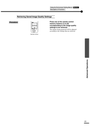 Page 2523
Advanced Operations
ProcedurePress one of the remote control 
memory buttons [1] to [6] 
corresponding to the image quality 
settings to be retrieved.
The images being projected will be adjusted 
according to the settings that are retrieved.
Retrieving Saved Image Quality Settings
Remote control
Using the Environment Setting MenusMemory
Description of Functions 