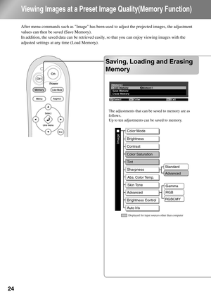 Page 26
24
Viewing Images at a Preset Image Quality(Memory Function)
After menu commands such as Image has been used to adjust the projected images, the adjustment 
values can then be saved (Save Memory).
In addition, the saved data can be retrieved easily , so that you can enjoy viewing images with the 
adjusted settings at any time (Load Memory).
Viewing Images at a Preset Image 
Quality (Save Memory)
Saving, Loading and Erasing Memory
Saving, Loading and Erasing 
Memory
Displayed for input sources other than...