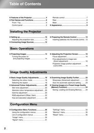 Page 4
2
Table of Contents
■Features of the Projector ............................. 4
■ Part Names and Functions .......................... 6
Front / Top .................................................... 6
Control panel ................................................ 6 Remote control ............................................. 7
Rear.............................................................. 8
Base ............................................................. 8
■ Appearance...