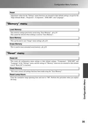 Page 37
35
Configuration Menu Functions
Configuration Menu
Memory menu
Reset menu
Adjustment values for the Settings menu functions are returned to  their default settings, except for the
High Altitude Mode, Projection, Com ponent, D/SCART, and Language.
This retrieves settings previously  saved using Save Memory.  p.24
This cannot be selected when no thing is saved at Save Memory.
This can be used to save  Image menu settings. p.24
This is used to erase un wanted saved memory.  p.24
This resets all...