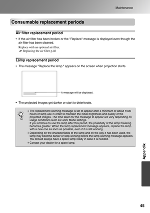 Page 47
45
Maintenance
Appendix
Consumable replacement periods
Air filter replacement period
 If the air filter has been broken or the Replace message  is displayed even though the
air filter has been cleaned.
Replace with an optional air filter.  Replacing the air filter p.46
Lamp replacement period
 The message Replace the  lamp. appears on the screen  when projection starts.
 The projected images get darke r or start to deteriorate.
•The replacement warning message is set to appear after a minimum of...