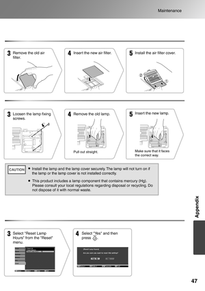 Page 49
47
Maintenance
Appendix
Remove the old air 
filter.Insert the new air filter. Install the air filter cover.
Loosen the lamp fixing 
screws.Remove the old lamp.
Pull out straight.
Insert the new lamp.
Make sure that it faces 
the correct way.
Install the lamp and the lamp cover securely. The lamp will not turn on if 
the lamp or the lamp cover is not installed correctly.
This product includes a lamp component that contains mercury (Hg). 
Please consult your local regulations regarding disposal or...