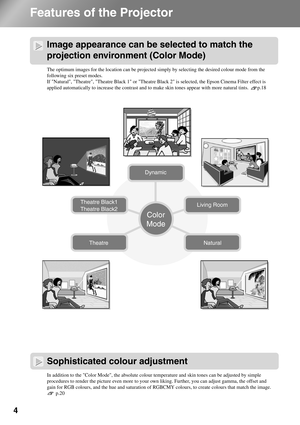 Page 6
4
Features of the Projector
Image appearance can be selected to match the 
projection environment (Color Mode)
Sophisticated colour adjustment
The optimum images for the location can be projected simply by selecting\
 the desired colour mode from the 
following six preset modes.
If Natural, Theatre, Theatre Black 1 or Theatre Black 2 is selec\
ted, the Epson Cinema Filter effect is 
applied automatically to increase the contrast and to make skin tones appear with more natural tints.       p.18
In...