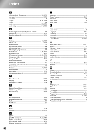 Page 58
56
Index
Absolute Color Temperature ....................................... 20,28,30
Advanced ......................................................................... 28,30
Air filter .................................................................................. 8
Aspect ................................................................. 7,18,28,31,49
Auto ...................................................................................... 18
Auto Iris...