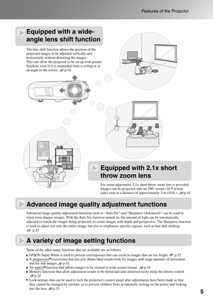 Page 7
5
Features of the Projector
Equipped with a wide-
angle lens shift function
The lens shift function allows the position of the 
projected images to be adjusted vertically and 
horizontally without distorting the images.
This can allow the projector to be set up with greater 
freedom, even if it is suspended from a ceiling or at 
an angle to the screen.       p.16For zoom adjustment, 2.1x short throw zoom lens is provided. 
Images can be projected onto an 100 screen (16:9 screen 
only) even at a distance...