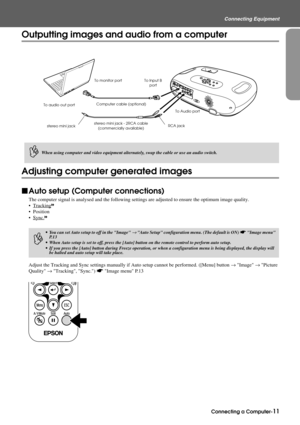 Page 13Connecting a Computer-11
Connecting Equipment
Outputting images and audio from a computer
Adjusting computer generated images
fAuto setup (Computer connections)
The computer signal is analysed and the following settings are adjusted to ensure the optimum image quality.
 Tracking
g
 Position
Sync.
g
Adjust the Tracking and Sync settings manually if Auto setup cannot be performed. ([Menu] button → Image → Picture 
Quality → Tracking, Sync.) sImage menu P.13
Computer cable (optional) To monitor port To...