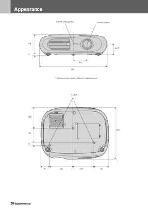 Page 3230-Appearance
Appearance
60.9*
40284 8 114
* Distance from centre of lens to ceiling mountCentre of projector
Centre of lens
122
80
12294
65 127 115
95 3-M4×8 