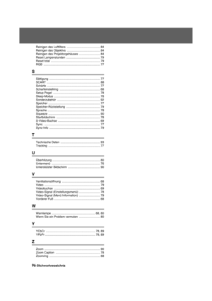 Page 9896-StichwortverzeichnisUsers_DEIX.fm3/2/04
Reinigen des Luftfilters  ......................................... 84
Reinigen des Objektivs  ......................................... 84
Reinigen des Projektorge häuses .......................... 84
Reset Lampenstunden  .......................................... 79
Reset total  ............................................................. 79
RGB ...................................................................... 77
S
Sättigung...