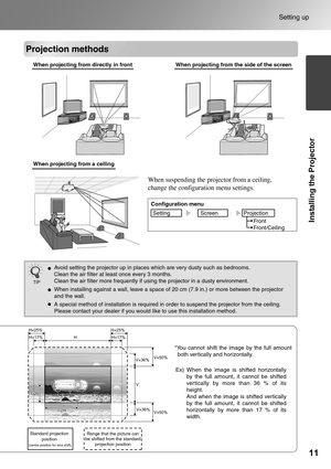 Page 1311
Setting up
Installing the Projector
Projection methods
Avoid setting the projector up in places which are very dusty such as bedrooms.
Clean the air filter at least once every 3 months.
Clean the air filter more frequently if using the projector in a dusty environment.
When installing against a wall, leave a space of 20 cm (7.9 in.) or more between the projector 
and the wall.
A special method of installation is required in order to suspend the projector from the ceiling.
Please contact your dealer if...