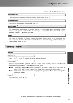 Page 2927
Configuration Menu Functions
Configuration Menu
Setting menu
  
  This can be used to save the current configuration menu settings.   p.22
This retrieves settings stored in the memory.   p.22
This sets automatic adjustment to on or off in order to set whether the projector automatically adjusts
images to their optimum condition when the input signal is changed. The three automatically adjusted
items are Tracking
, Position and Sync. 
This returns all settings in the Image menu to their default...