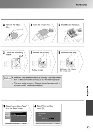 Page 4543
Maintenance
Appendix
Remove the old air 
filter.Insert the new air filter. Install the air filter cover.
Loosen the lamp fixing 
screws.Remove the old lamp.
Pull out straight.
Insert the new lamp.
Make sure that it faces 
the correct way.
Install the lamp and the lamp cover securely. The lamp will not 
turn on if the lamp or the lamp cover is not installed correctly.
The lamp contains mercury. Dispose of used lamps properly in 
accordance with your local regulations.
Select Lamp - Hours Reset 
from...