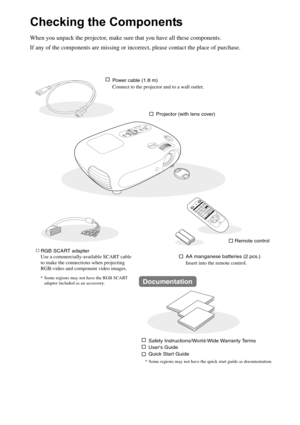 Page 3Checking the Components
When you unpack the projector, make sure that you have all these components.
If any of the components are missing or incorrect, please contact the place of purchase.
Power cable (1.8 m)
Connect to the projector and to a wall outlet.
Documentation
Safety Instructions/World-Wide Warranty Terms
Users Guide
Quick Start Guide
AA manganese batteries (2 pcs.)
Insert into the remote control.
Projector (with lens cover)
Remote control
RGB SCART adapter
Use a commercially-available SCART...