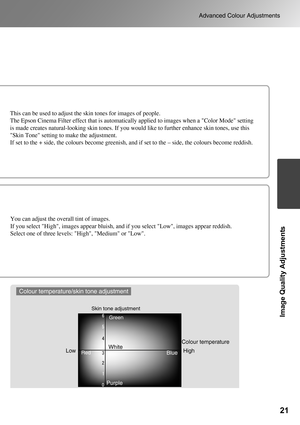Page 2321
Advanced Colour Adjustments
Image Quality Adjustments
Skin tone adjustment
Colour temperature 
High Low
Blue
RedGreen
PurpleWhite
This can be used to adjust the skin tones for images of people.
The Epson Cinema Filter effect that is automatically applied to images when a Color Mode setting 
is made creates natural-looking skin tones. If you would like to further enhance skin tones, use this 
Skin Tone setting to make the adjustment.
If set to the + side, the colours become greenish, and if set to the...