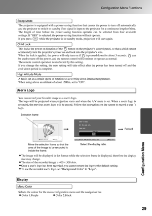 Page 3129
Configuration Menu Functions
Configuration Menu
The projector is equipped with a power-saving function that causes the power to turn off automatically
and the projector to switch to standby if no signal is input to the projector for a continuous length of time.
The length of time before the power-saving function operates can be selected from four available
settings. If OFF is selected, the power-saving function will not operate.
If you press   while the projector is in standby mode, projection will...