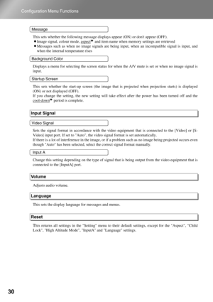 Page 3230
Configuration Menu Functions
This sets whether the following message displays appear (ON) or dont appear (OFF).
•Image signal, colour mode, aspect and item name when memory settings are retrieved
•Messages such as when no image signals are being input, when an incompatible signal is input, and
when the internal temperature rises
Displays a menu for selecting the screen status for when the A/V mute is set or when no image signal is
input.
This sets whether the start-up screen (the image that is...