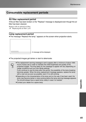 Page 4341
Maintenance
Appendix
Consumable replacement periods
Air filter replacement period
If the air filter has been broken or the Replace message is displayed even though the air 
filter has been cleaned.
Replace with an optional air filter.
 Replacing the air filter p.42
Lamp replacement period
•The message Replace the lamp. appears on the screen when projection starts.
•The projected images get darker or start to deteriorate.
•The replacement warning message is set to appear after a minimum of about 1900...