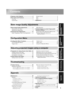 Page 31
Configuration 
Menu Appendix Troubleshooting
Adjusting projected 
images using a computer
Basic Image Quality 
Adjustments
Contents
Features of the Projector ..................................2
Part names and Functions................................4
Front/Top ................................................................... 4
Control Panel............................................................. 4Remote Control .........................................................5
Rear...