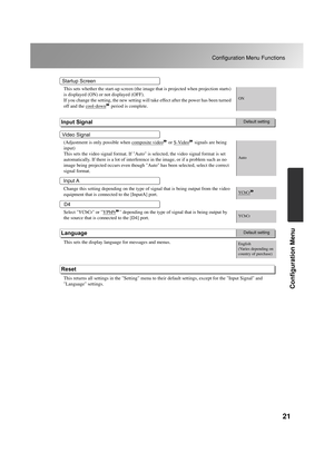 Page 2321
Configuration Menu Functions
Configuration Menu
This sets whether the start-up screen (the image that is projected when projection starts) 
is displayed (ON) or not displayed (OFF).
If you change the setting, the new setting will take effect after the power has been turned 
off and the cool-down
 period is complete.
ON
(Adjustment is only possible when composite video or S-Video signals are being 
input)
This sets the video signal format. If Auto is selected, the video signal format is set...