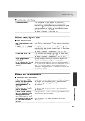 Page 3735
Problem Solving
Troubleshooting
 Projection stops automatically
Problems when projection starts
 Power does not turn on
Problems with the remote control
 The remote control does not work
Is sleep mode active?When Sleep Mode has been set to ON, the lamp turns off 
automatically if no signal is input for about 30 minutes, and the 
projector switches to standby mode. Press the   button on the remote 
control or the   button on the projectors control panel to turn the 
projectors power back on. To cancel...